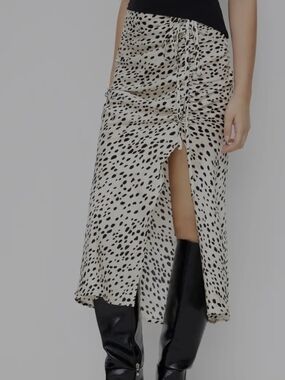 Cider Cream Midi Skirt with Black Spot Print and Front Drawstring